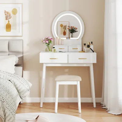 Hivvago Small Vanity Makeup Dressing Table Set With Cushioned Stool And Led Lighted Mirror In White