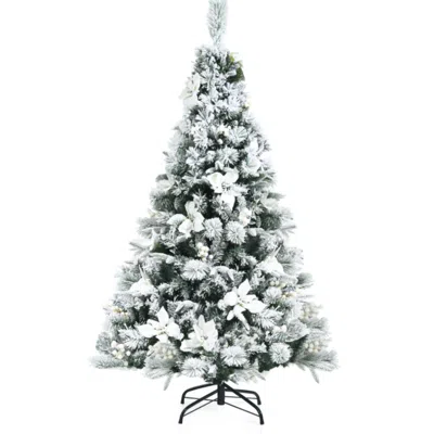 Hivvago Snow Flocked Christmas Pencil Tree With Berries And Poinsettia Flowers- 8 Ft In White