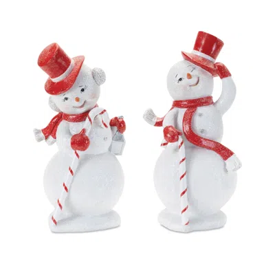 Hivvago Snowman With Candy Cane Figurines (set Of 2 In White