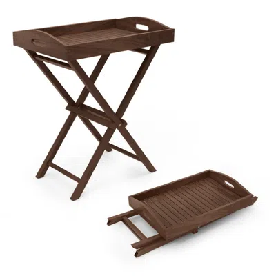 Hivvago Solid Teak Wood Tray Table With Removable Tray Top For Patio And Garden