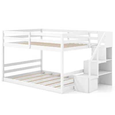 Hivvago Solid Wood Full Over Full Low Bunk Bed With Storage Stairs-white