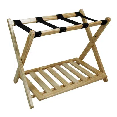 Hivvago Solid Wood Luggage Rack With Bottom Storage Shelf In Natural With Black Straps In Multi