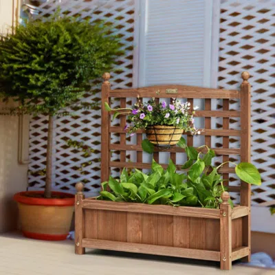 Hivvago Solid Wood Planter Box With Trellis Weather-resistant Outdoor In Brown