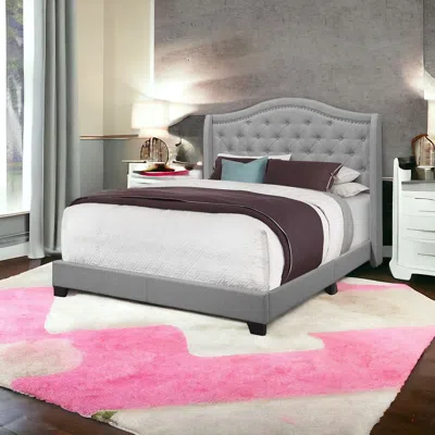 Hivvago Solid Wood Queen Tufted Gray Upholstered Linen Bed With Nailhead Trim