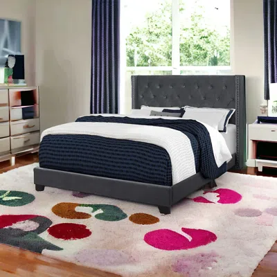 Hivvago Solid Wood Queen Tufted Gray Upholstered Velvet Bed With Nailhead Trim In Blue