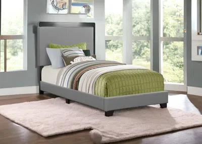 Hivvago Solid Wood Twin Gray Upholstered Faux Leather Bed