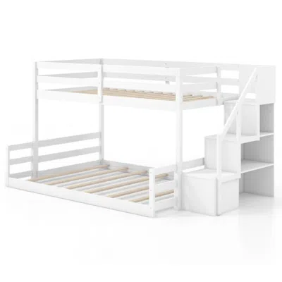 Hivvago Solid Wood Twin Over Full Low Bunk Bed With Storage Stairs-white