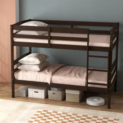 Hivvago Solid Wood Twin Over Twin Bunk Bed Frame With High Guardrails And Integrated Ladder-espresso