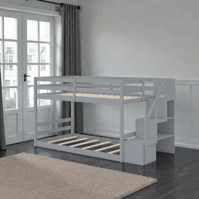 Hivvago Solid Wood Twin-over-twin Low Bunk Bed With Storage Stairs And Floor-standing Frame In Gray