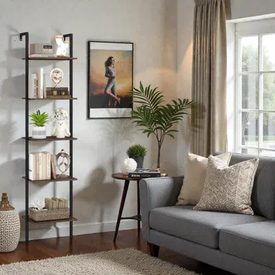 Hivvago Space-saving 5-shelf Wall Ladder Rack With Anti-fall Support System In Brown