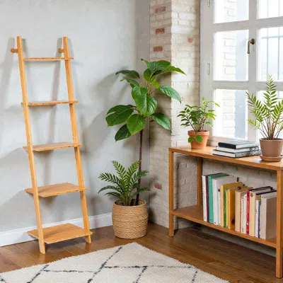 Hivvago Space-saving 5-tier Leaning Bookshelf Made Of Bamboo In Brown