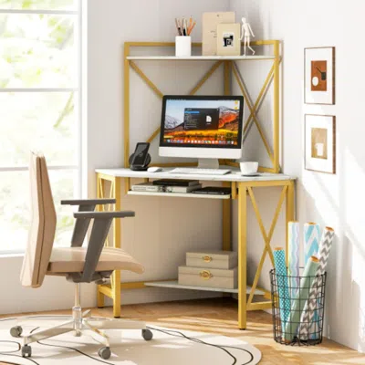 Hivvago Space-saving Corner Computer Desk With With Hutch And Keyboard Tray-white