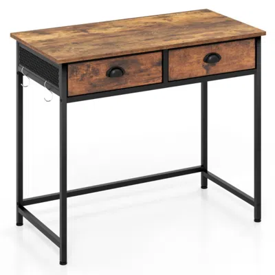 Hivvago Space Saving Home Office Desk With 2 Fabric Drawers And 4 Hanging Hooks In Brown