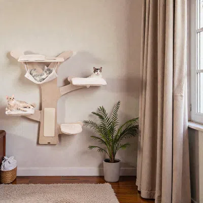 Hivvago Space-saving Wall Cat Tree With Hammocks And Sisal Play Surface In Brown