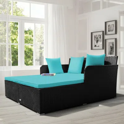 Hivvago Spacious Outdoor Rattan Daybed With Upholstered Cushions And Pillows-navy In Black