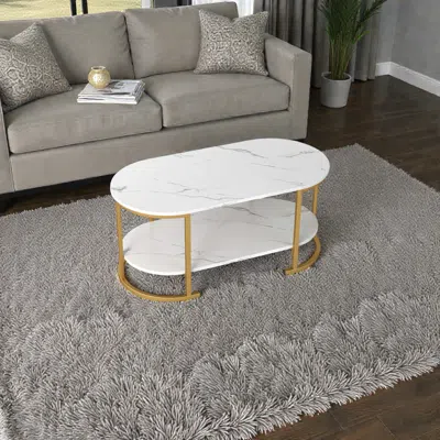 Hivvago Spacious Two-layer Wooden Coffee Table With Oval Top And Storage Shelf In White