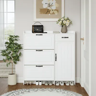 Hivvago Spacious White Shoe Cabinet With 4 Doors And 1 Drawer