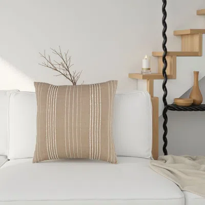 Hivvago Square Accent Throw Pillow, 20 Inch, Striped Cotton, White, Tan Brown
