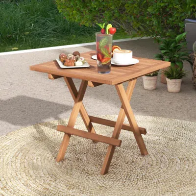 Hivvago Square Patio Folding Table Indonesia Teak Wood With Slatted Tabletop Portable For Picnic In Brown