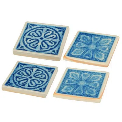 Hivvago Square Shaped Ceramic Coaster With Intricate Detail, Blue And Cream, Set Of Four