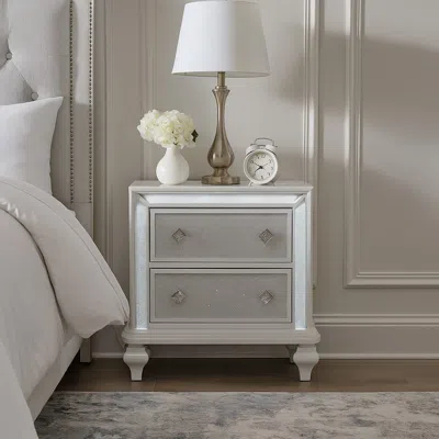 Hivvago Stacy Nightstand With 2 Drawers And Led Lights, Silver And White Wood