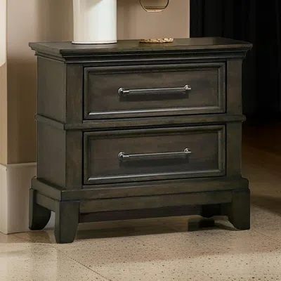 Hivvago Ston 26 Inch Nightstand, 2 Drawers, Pewter Handles, Crown Mold, Wood, Gray In Brown