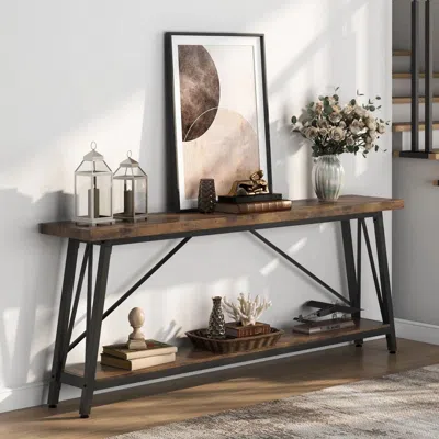 Hivvago Sturdy 70-inch Industrial Brown Wood Top Console Table With Black Metal Frame