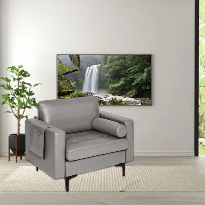 Hivvago Stylish Accent Armchair With Bolster Pillow And Integrated Side Pocket Storage In Gray