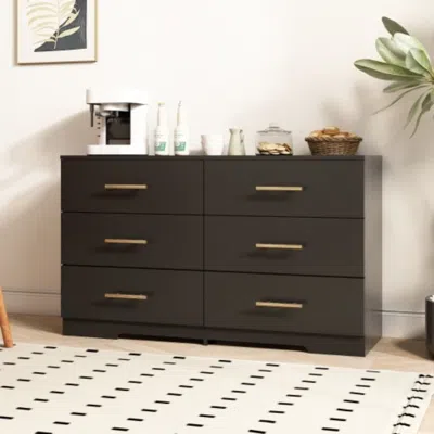 Hivvago Stylish Black 6 Drawer Dresser With Gold Handles In Brown