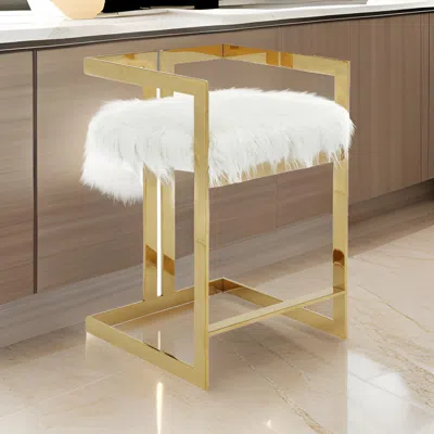 Hivvago Suki 26 Inch Counter Height Chair, White Faux Fur, Gold Cantilever Base