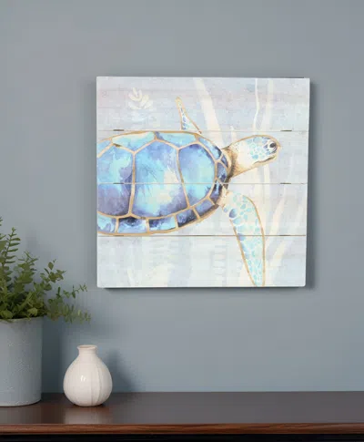 Hivvago Swimming Sea Turtle Wooden Plank Unframed Wall Art In Blue