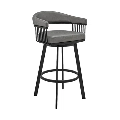 Hivvago Swivel Barstool With Open Design Metal Frame And Slatted Arms, Gray And Black