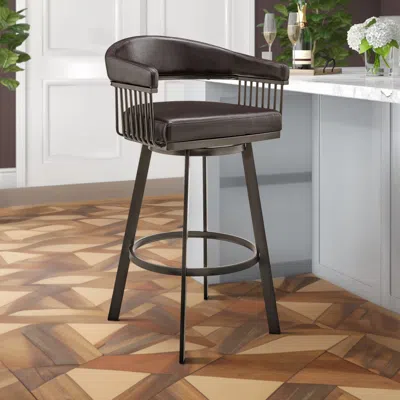 Hivvago Swivel Barstool With Open Metal Frame And Slatted Arms, Brown