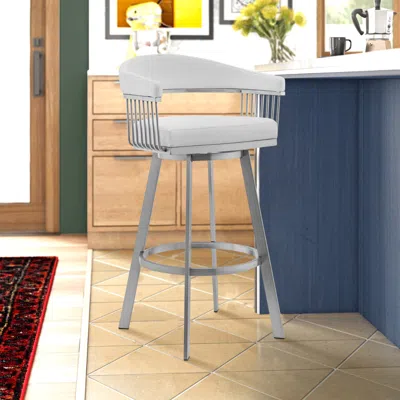 Hivvago Swivel Barstool With Open Metal Frame And Slatted Arms, White And Silver