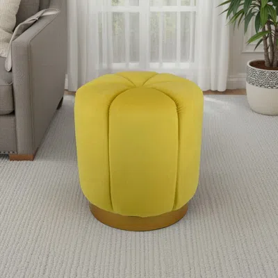 Hivvago Sylvie Round Ottoman Stool, Yellow Velvet, Gold Metal Base, 19 Inch