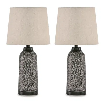 Hivvago Table Lamp Set Of 2, Beige Drum Shade, Black Hammered Motif Metal Base