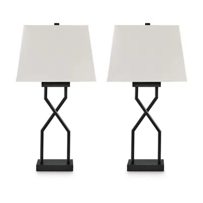 Hivvago Table Lamp Set Of 2, Empire Fabric Shade, Black Geometric Base W Usb In White
