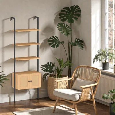 Hivvago Tall 5-tier Ladder Display Shelf With Metal Structure And Rattan Storage In Nude