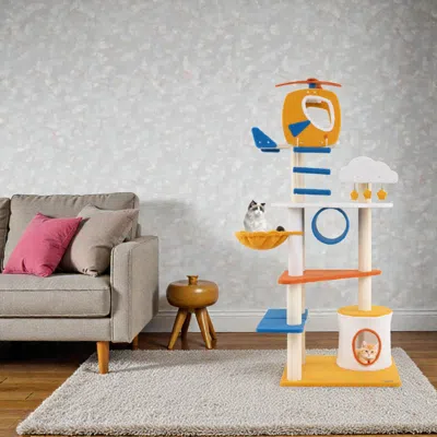 Hivvago Tall 70" Airplane-themed Cat Tree Featuring Helicopter Perch And Play Platforms In Yellow