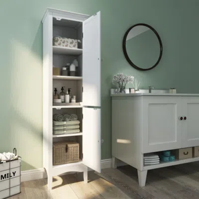 Hivvago Tall Bathroom Floor Cabinet With Shutter Doors And Adjustable Shelf-white