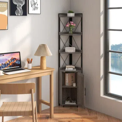 Hivvago Tall Corner Storage Cabinet With 3-tier Shelf And Enclosed Cabinet-gray