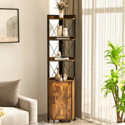 Hivvago Tall Corner Storage Cabinet With 3-tier Shelf And Enclosed Cabinet-rustic Brown