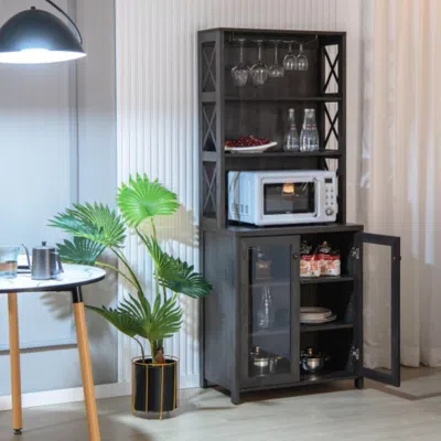 Hivvago Tall Freestanding Bar Cabinet Buffet With Glass Holder And Adjustable Shelf-gray
