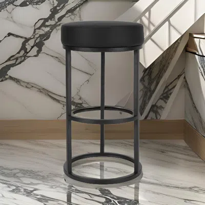 Hivvago Tane 30 Inch Barstool, Round Black Faux Leather Padded Seat, Black Metal