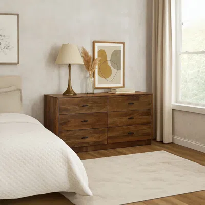 Hivvago Tao 6 Drawers Dresser, Mango Wood, Walnut Finish, 60" In Brown