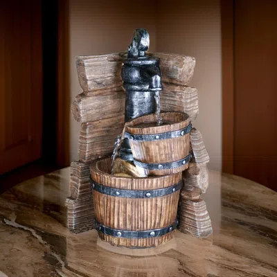 Hivvago Tay 12 Inch Tabletop Water Fountain, Barrels, Led, Pebble Stones, Brown In Multi