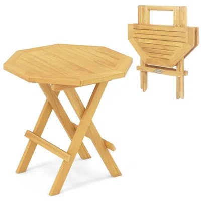 Hivvago Teak Wood Octagon Coffee Table With X-shaped Legs And Slatted Tabletop In Brown