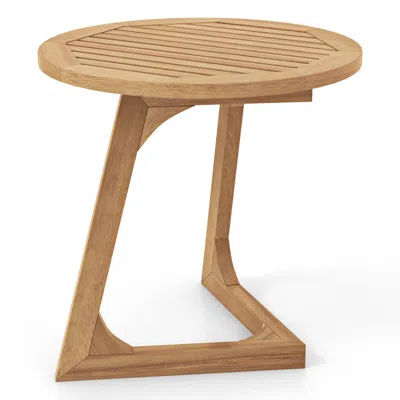 Hivvago Teak Wood Side Table Round Sofa End Table With Slatted Tabletop