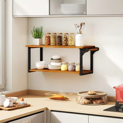 Hivvago Teak Wood Wall Mounted Floating Shelves With Towel Bar In Brown