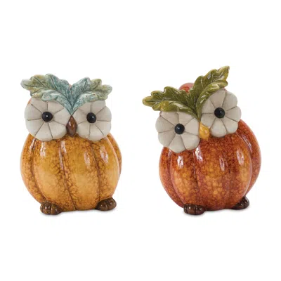 Hivvago Terra Cotta Pumpkin Owl Figurine (set Of 2) In Multi